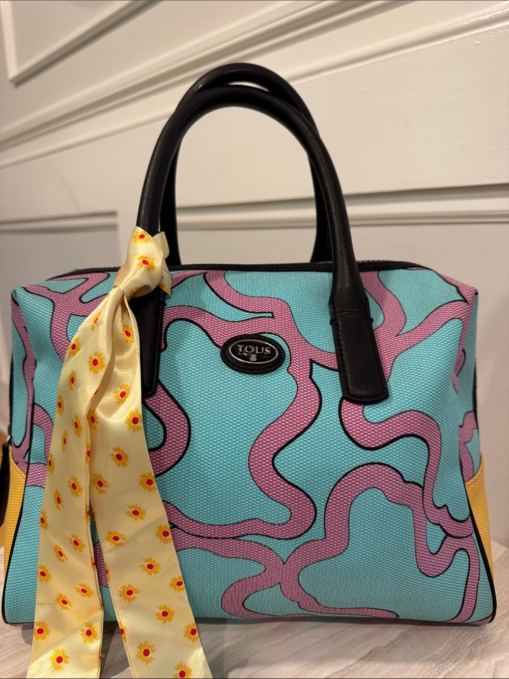 TOUS Bag Celeste Aqua Blue & Pink Patterned Satchel Bag - Picture 3 of 17